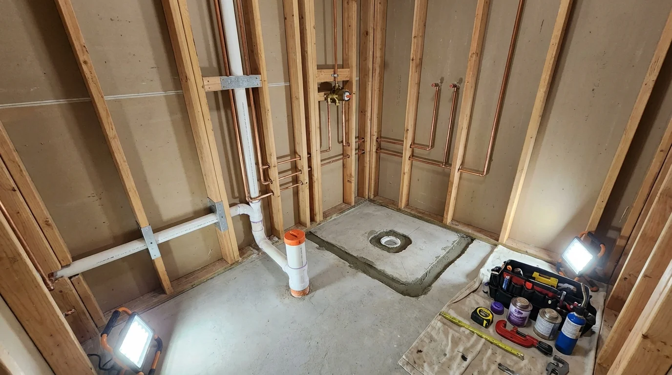 Bathroom rough-in plumbing during remodel by Johns Plumbing LLC in Marcus