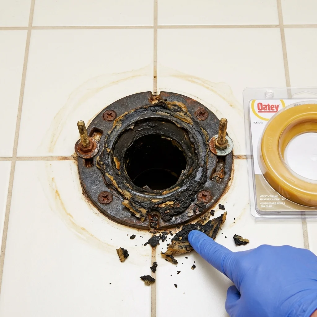 Failed wax ring showing water seepage at the base of a toilet in a Marcus, IA home