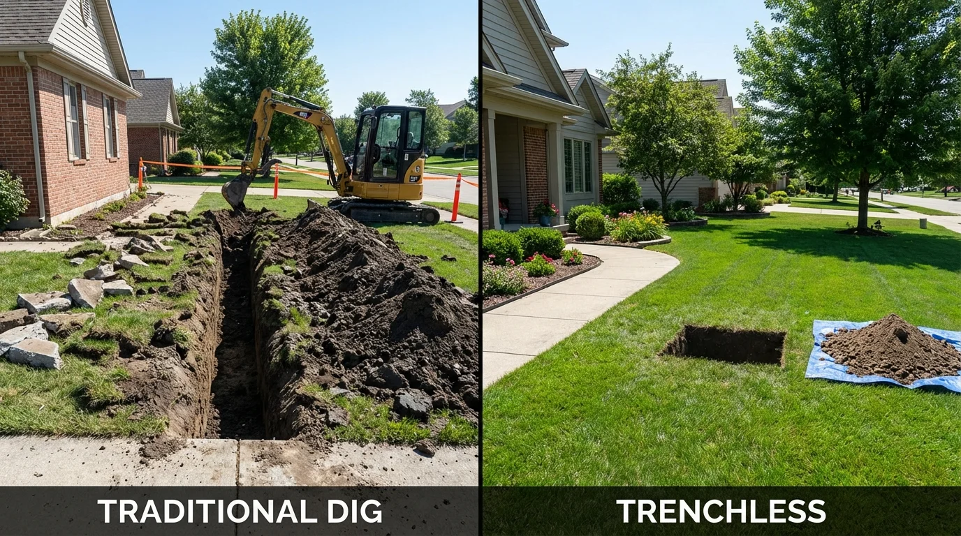 Trenchless sewer repair with minimal yard damage versus traditional excavation in Marcus, IA